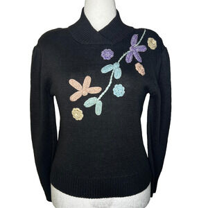 Gitano Women Knit Sweater M Vtg Cotton Pullover Floral Embroidery Whimsigoth 90s